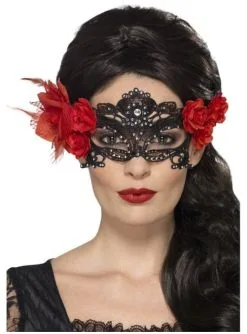 Schwarze Maske Mit Roten Blumen Für Frauen